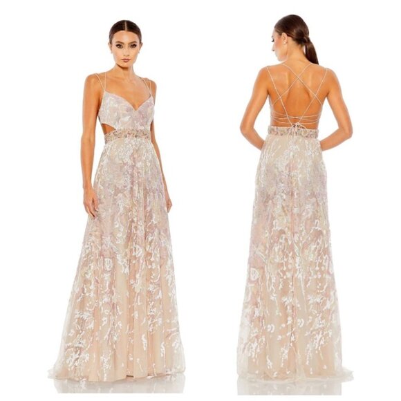 MAC DUGGAL Sequin Strappy Cutout Tulle Gown in Oyster Size US 8
